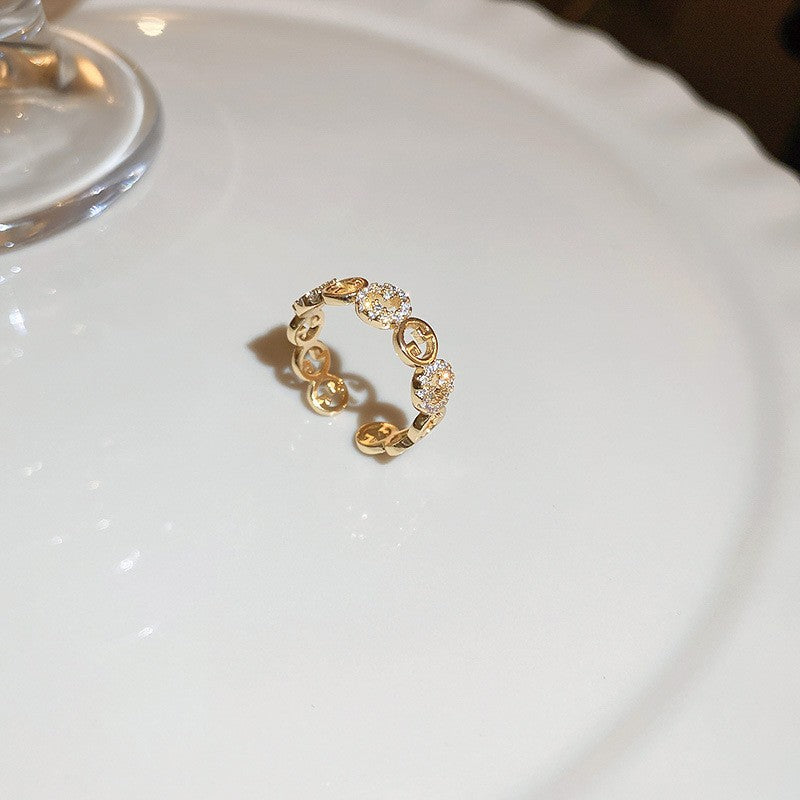 Anello regolabile da donna in zirconi quadrati con geometria in stile vintage, in rame con estetica retrò artistica