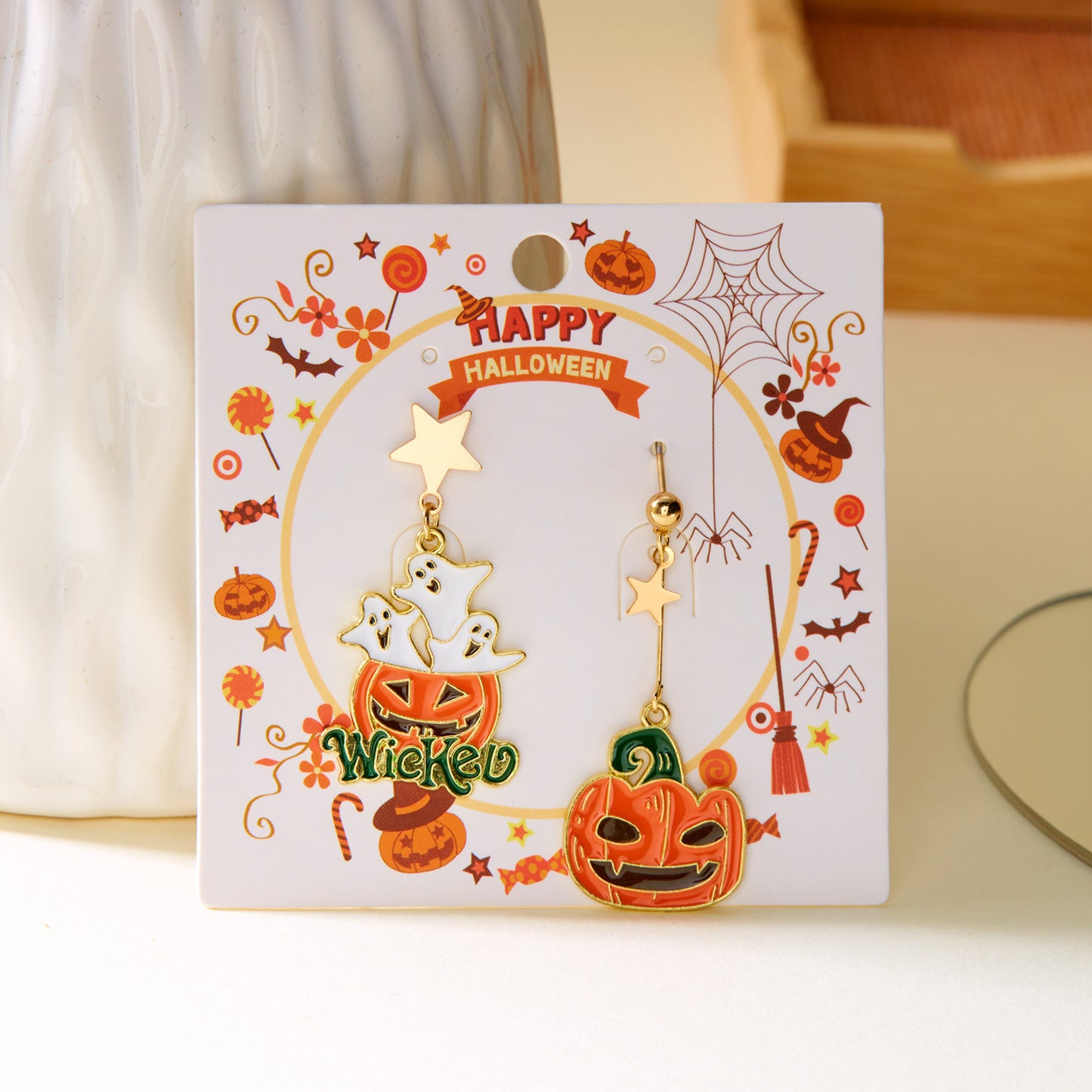 Pendientes asimétricos de aleación con diseño de calabaza y fantasma para mujer, con baño, temática de Halloween