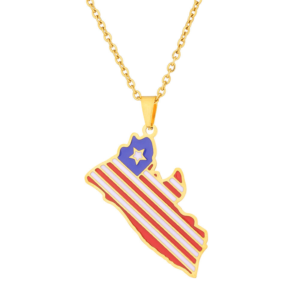 Collana unisex con ciondolo a mappa geometrica etnica della Liberia in acciaio inossidabile con finitura smaltata su catena a O