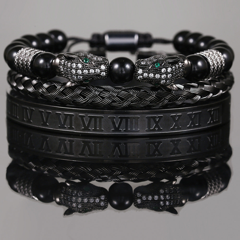 Personalized Double Leopard Head Black Agate Micro-set Cubic Zirconia Brass Stainless Steel Bracelet Set