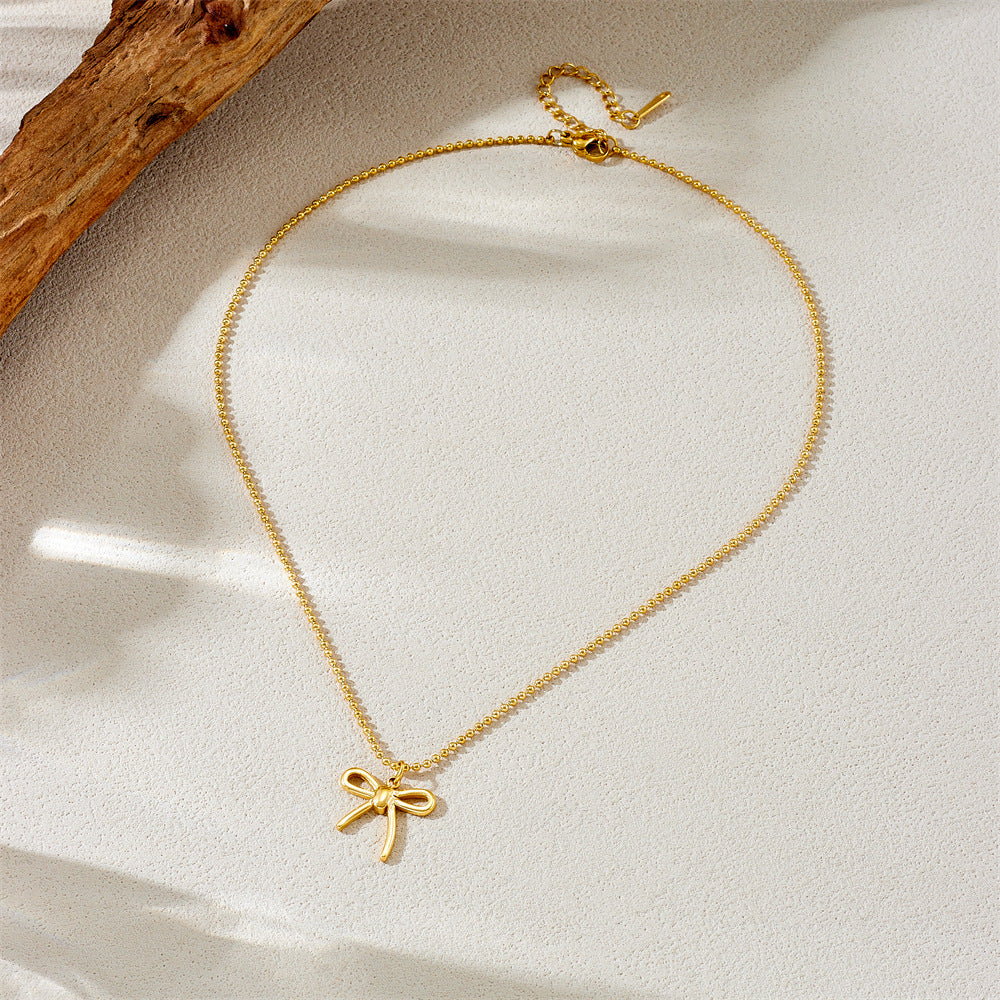 Minimalist Bow-Shaped Gold-Plated Stainless Steel Clavicle Necklace with Beaded Chain
