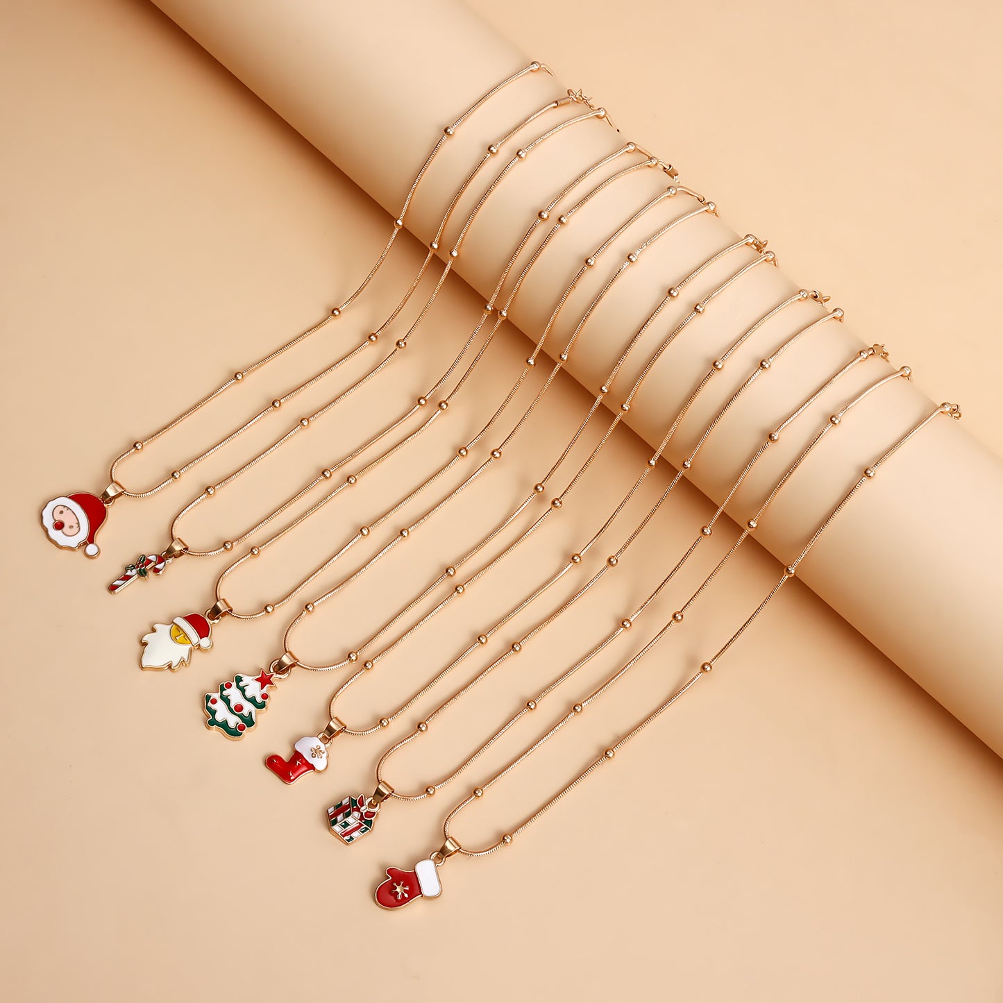 Vintage Christmas Necklace for Women with Geometric Pendant, Electroplated Metal Choker Chain, Santa and Snowflake Enamel Design
