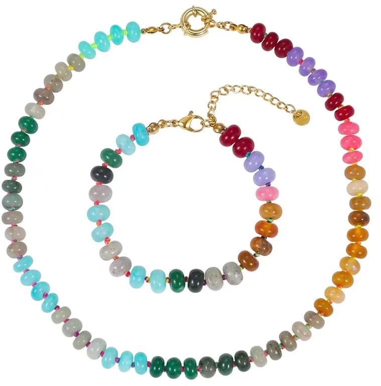 Colorful Abacus Bead Choker Necklace with 26 Bubble Letter Brass Pendants Serpentine Chain Unisex Stone Jewelry