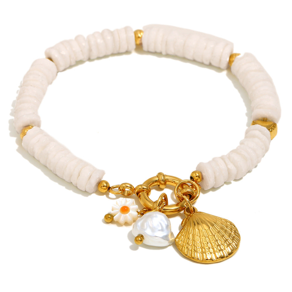 Vintage Fashion Geometric Stainless Steel Plated 18K Gold White Shell Pendant Necklace for Women