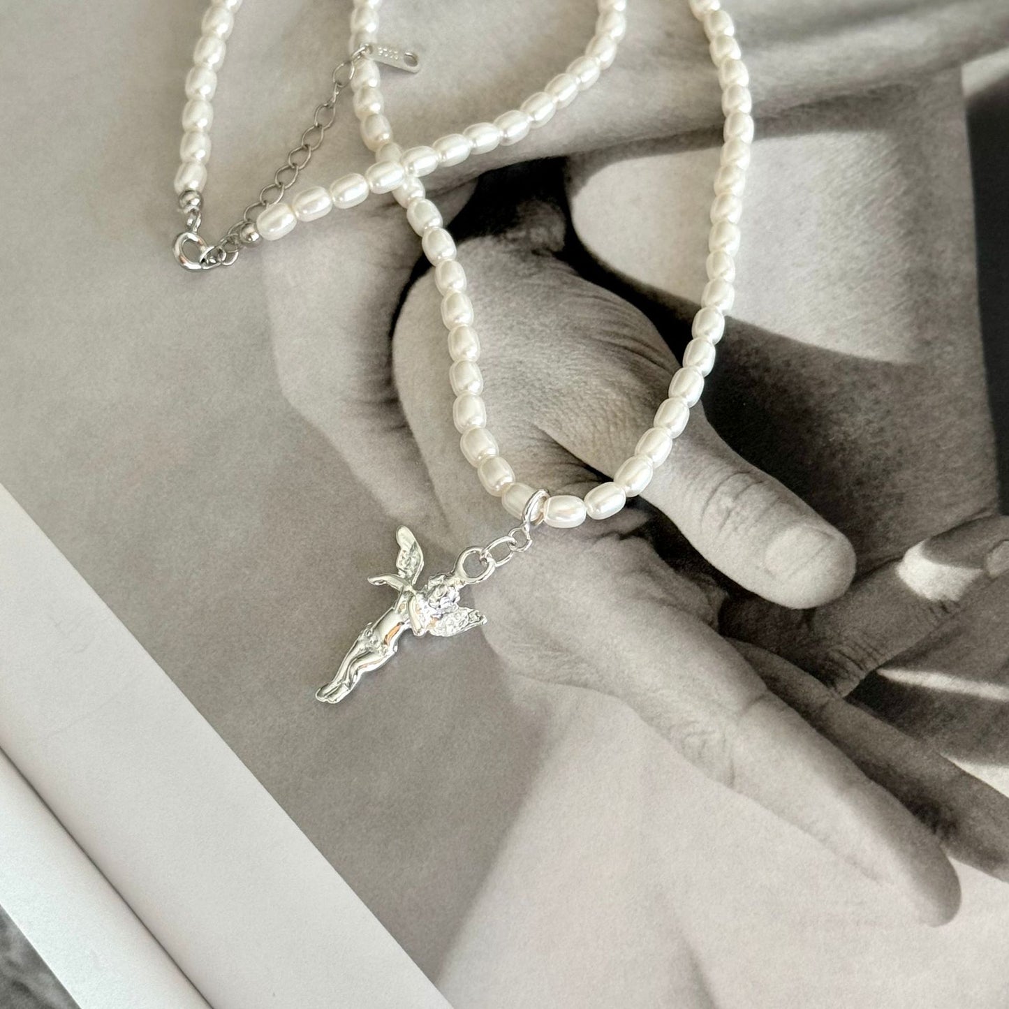 Minimalist French Style Angel Pendant Necklace for Women in 925 Sterling Silver with Cubic Zirconia and Artificial Pearl on Snake Chain