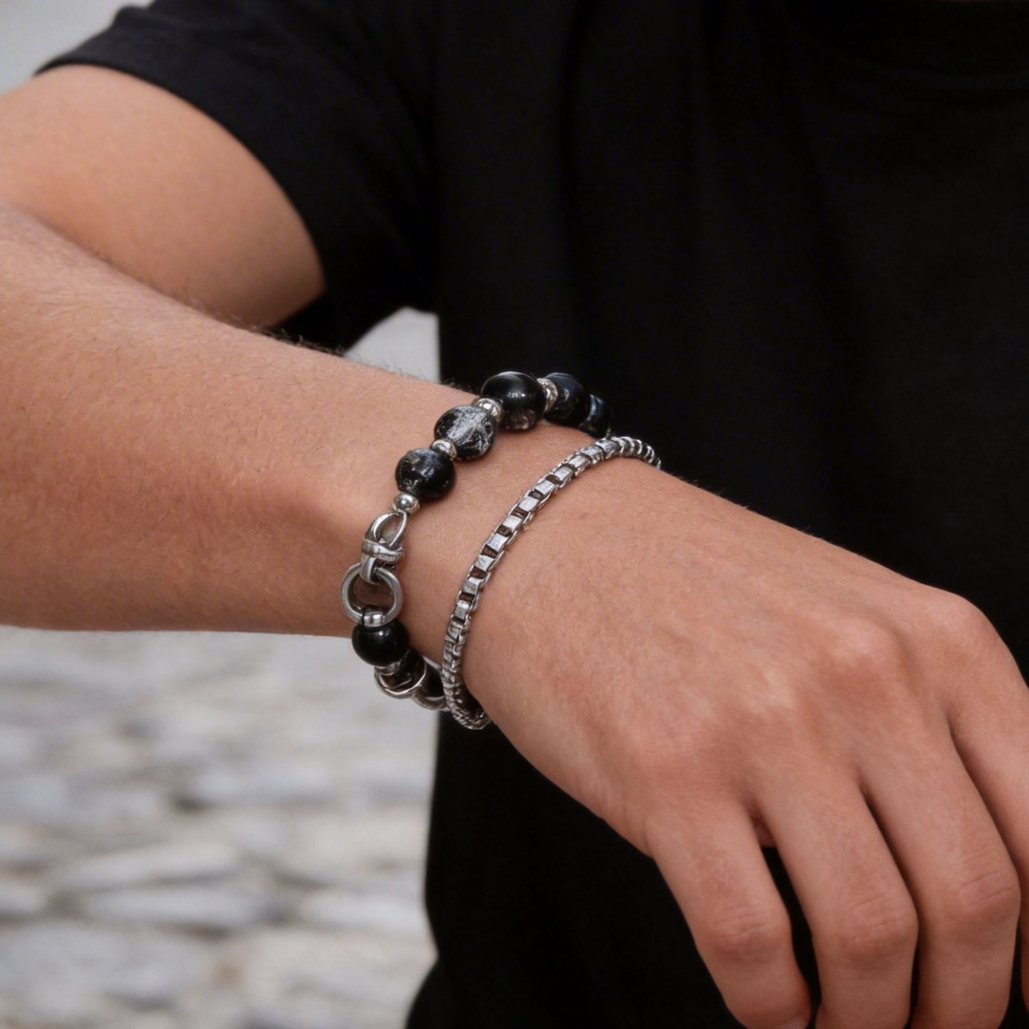 Minimalist Hip-hop Double Layer Stainless Steel Cable Chain Bracelet with Crackle Beads