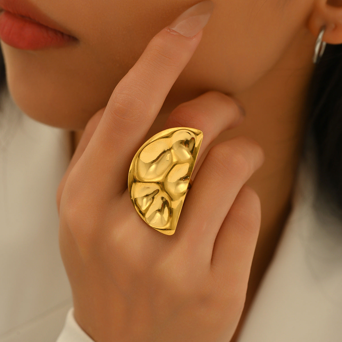 Geometric Pleated Copper Ring with Plating Finish for Women Fashionable Adjustable Band Ring