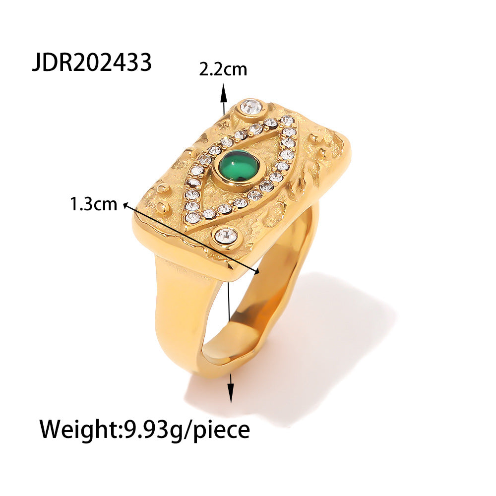 Anello da donna Ins Style con Occhio Turco geometrico quadrato francese in acciaio inossidabile placcato oro 18 carati con zircone e malachite
