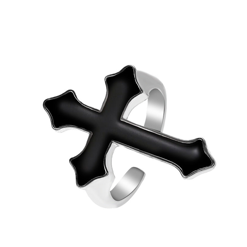 Anillo gótico negro grande ajustable con forma de cruz para hombres y mujeres, banda de aleación con acabado galvanizado