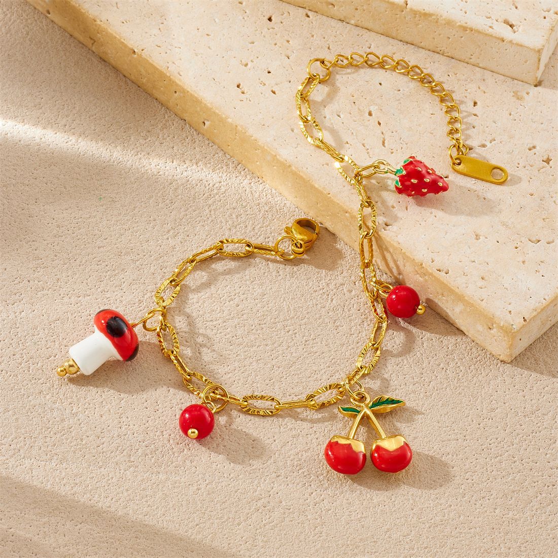 Sweet Gold Plated Drip Oil Cherry Strawberry Mushroom Pendant Bracelet