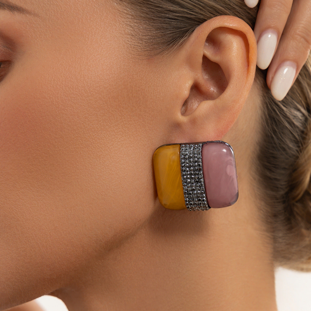Exaggerated Geometric Square Rhinestone Gemstone Gradient Resin Plated Zinc Alloy Earrings for Women DIY Charm Bar