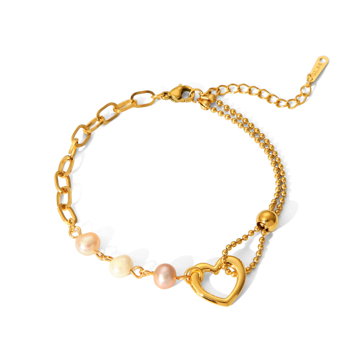 Bracciale da donna in acciaio inossidabile a forma di cuore stile vintage con inserti in perle e finitura placcata