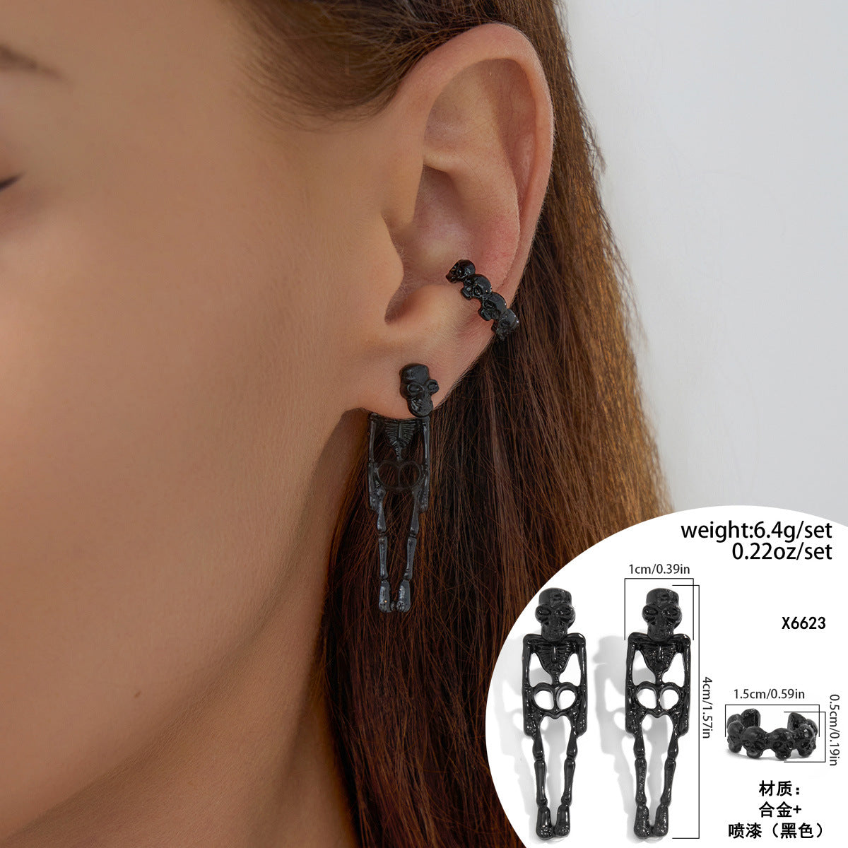 Orecchini a Perno a Cuore Gotici Scuri in Lega con Motivo a Pipistrello e Placcatura in Rodio per Donna