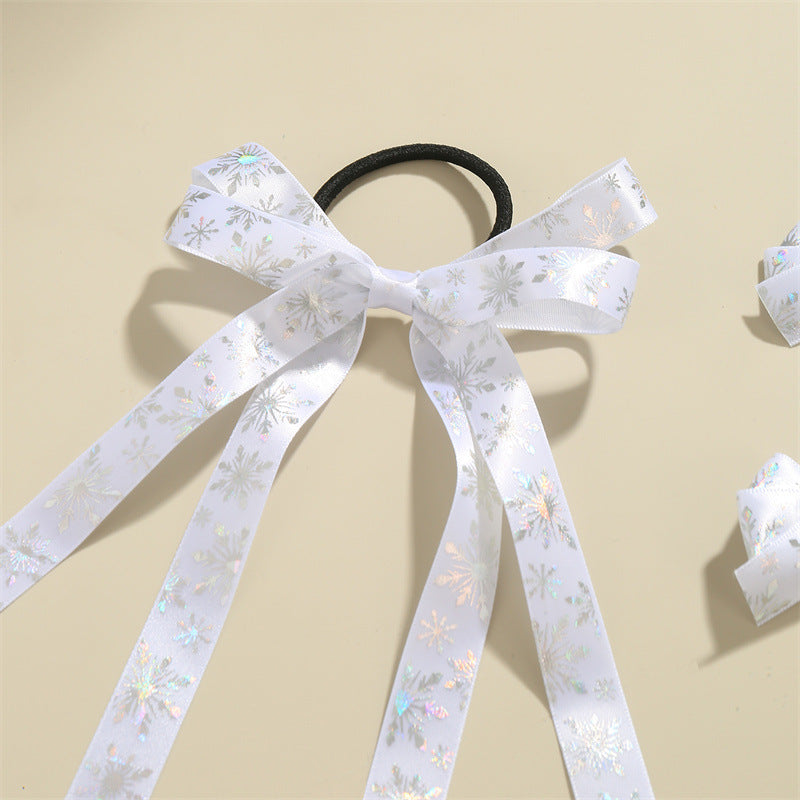 Pinzas para el pelo y gomas de pelo con diseño minimalista de lazos y copos de nieve para niños, accesorios para el pelo de tela blanca con temática navideña