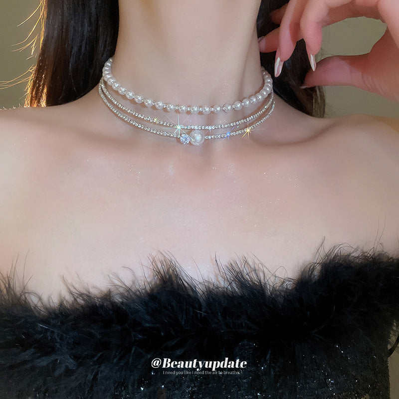 Elegante collar Gargantilla Multicapa con Perlas Geométricas Redondas para Mujer