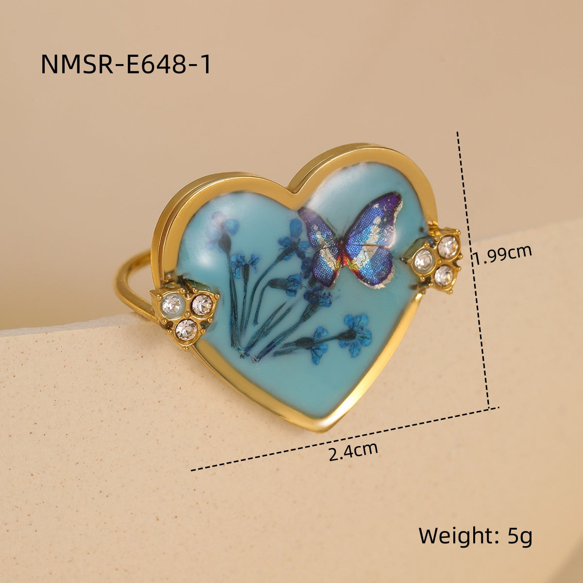 Elegante anillo de acero inoxidable con forma de corazón, lazo de resina y detalles de flores prensadas, incrustaciones de pedrería, acabado chapado para mujer