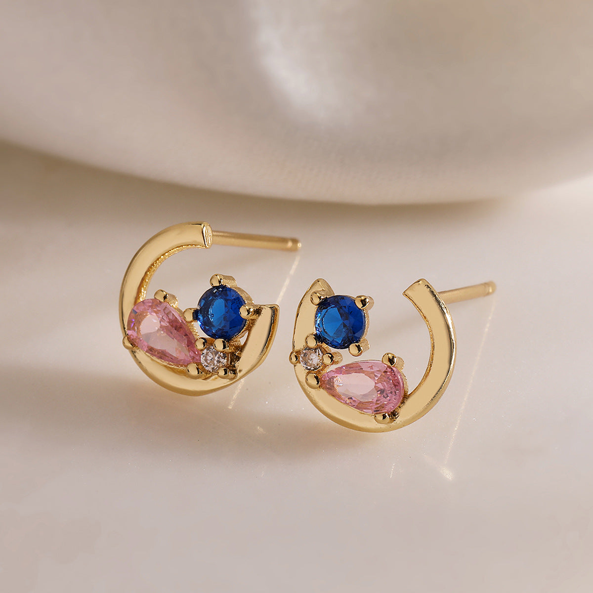 Minimalist Geometric Stud Earrings for Women in Copper with 18K Gold Plating and Zircon Inlay