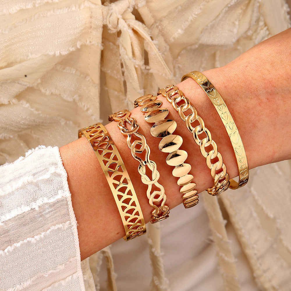 Personalized Geometric Heart Wheat Chain Open Cuff Bracelet Set Alloy Plated Women