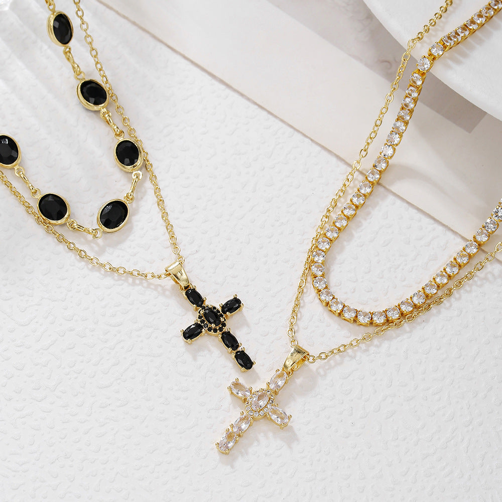 Hip-hop Sweet Geometric Cross Cubic Zirconia Brass Pendant Necklace with Box Chain