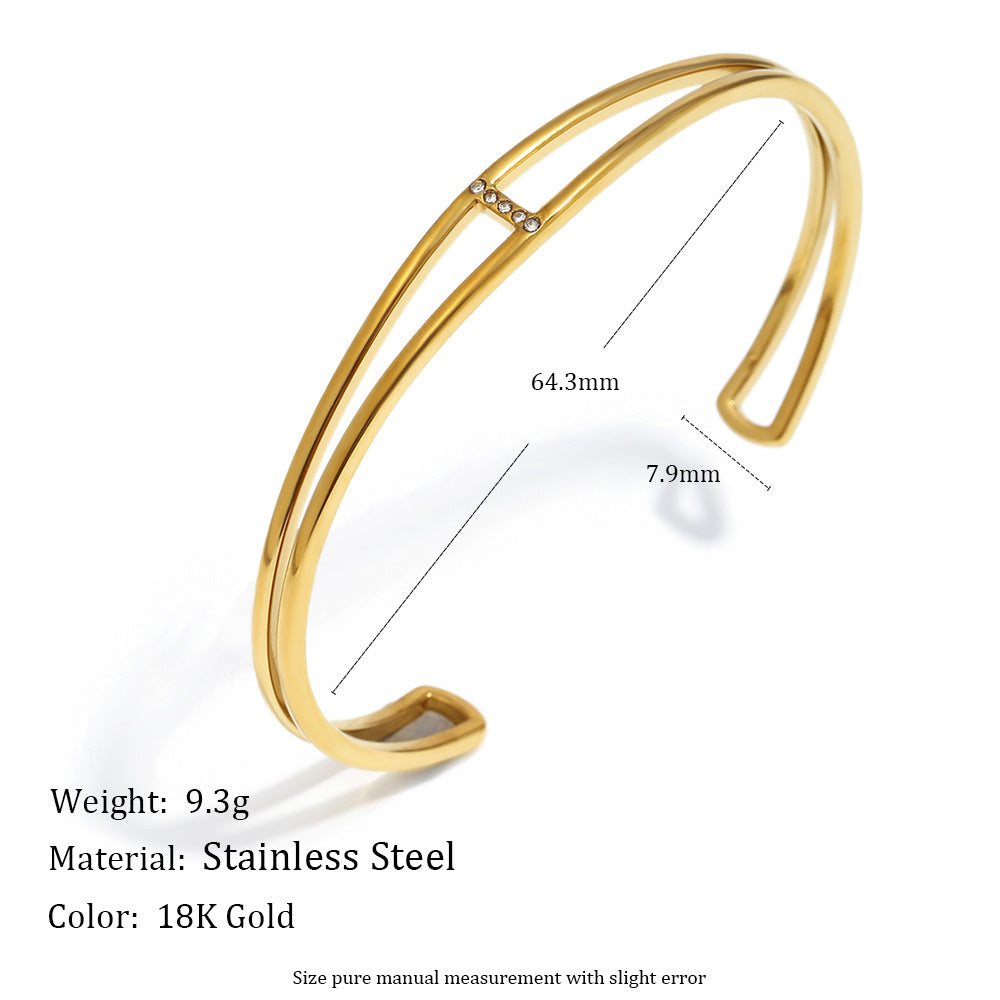 Minimalist Fashionable Stainless Steel Plated 18K Gold Double-Layer Delicate Bracelet with Rhinestone Accents