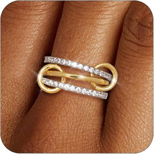 Gold Plated Stainless Steel Geometric Letter Ring with Rhinestone Inlay Unisex