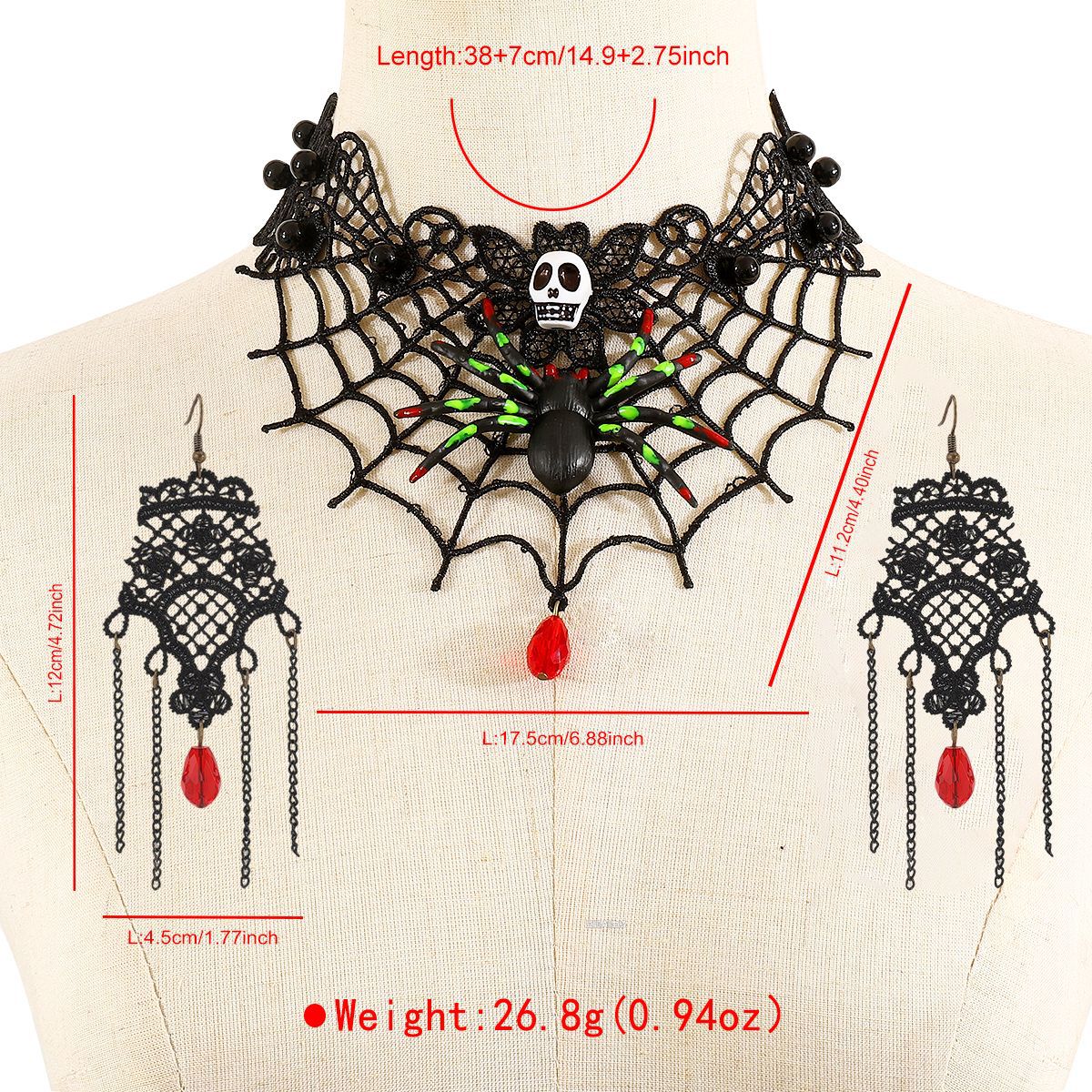 Conjunto de collar de encaje con calavera gótica oscura de Halloween y telaraña con colgante de diamantes de imitación para mujer