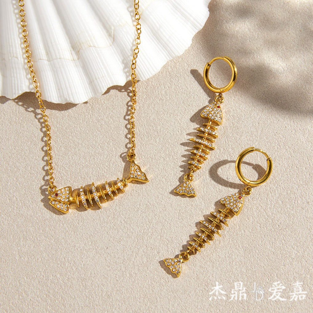 Minimalist Titanium Steel Fish Bone Pendant Necklace and Earring Set Gold Plated Stainless Steel Jewelry for Women