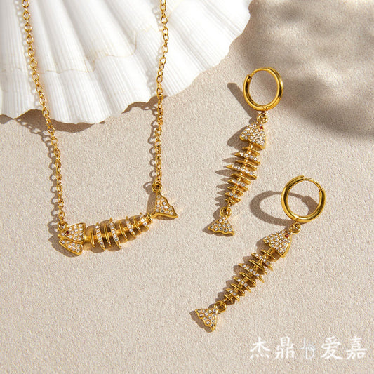 Minimalist Titanium Steel Fish Bone Pendant Necklace and Earring Set Gold Plated Stainless Steel Jewelry for Women