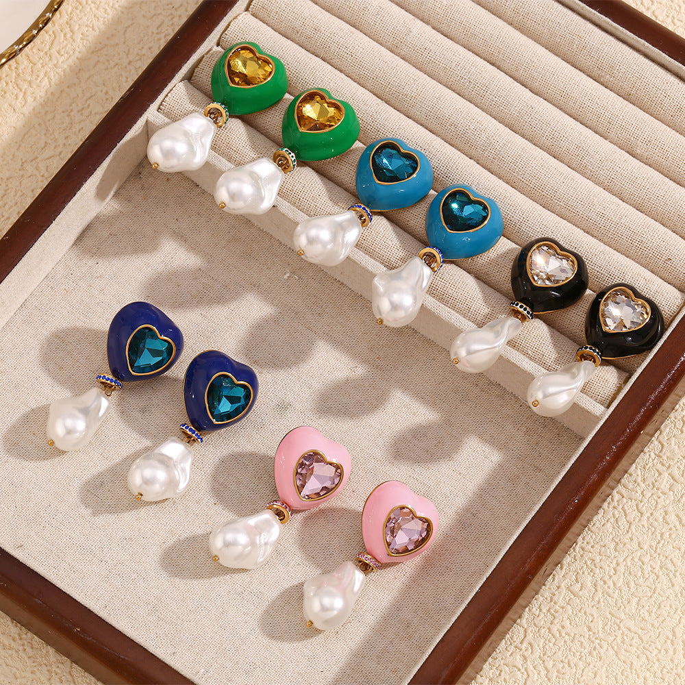 Fashionable Heart-Shaped Stainless Steel Earrings with 18K Gold Plating and Enamel Finish for Women
