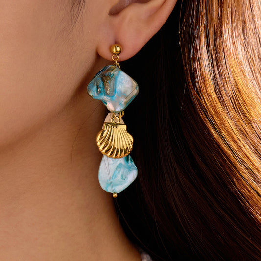 Trendy Beach-Themed Turquoise Seashell Tassel Earrings for Women in Titanium Steel with Plated Finish