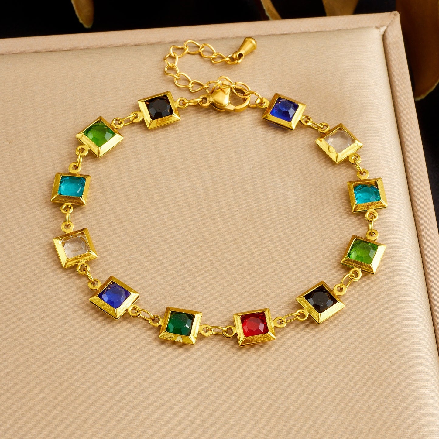 Gold Plated Stainless Steel Square Rhinestone Crystal Necklace Bracelet Set for Women
