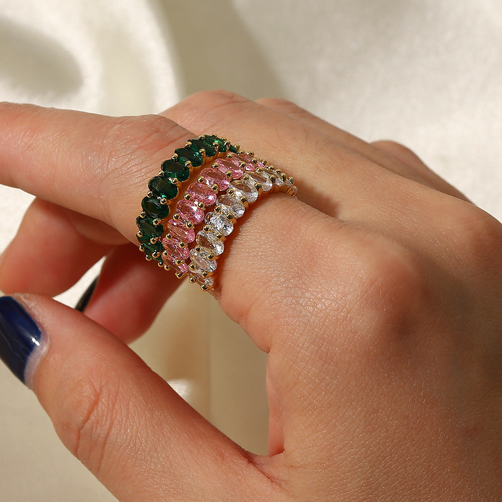 Minimalist Oval Adjustable Ring for Women with 18K Gold Plated Copper Band and Cubic Zirconia Inlay