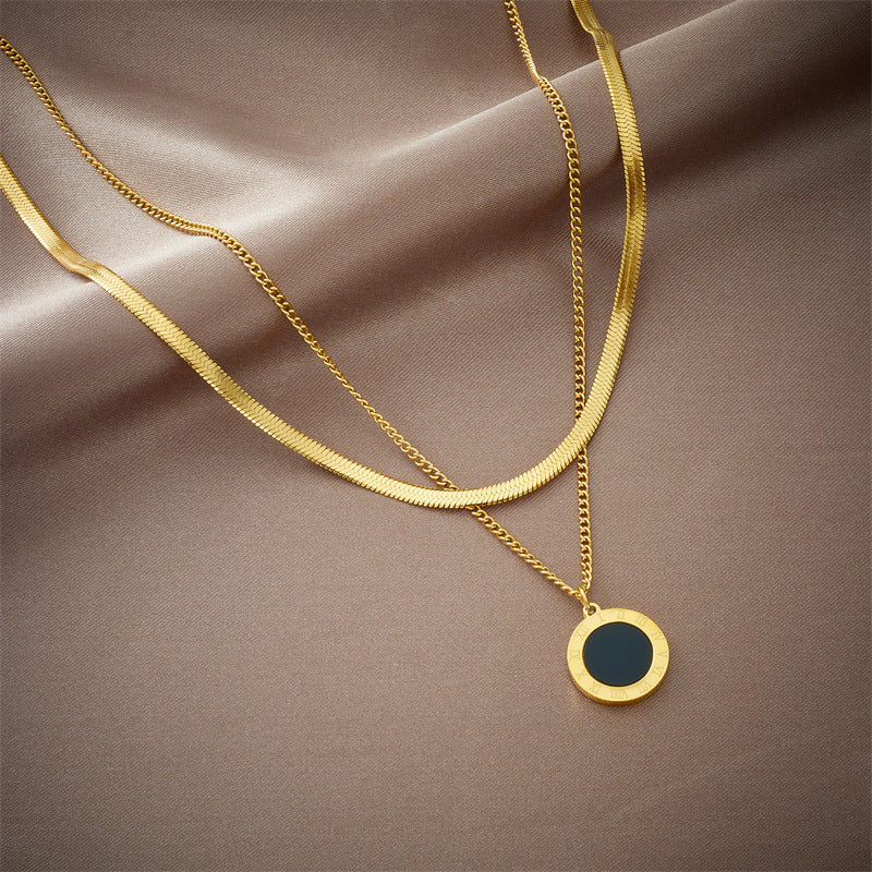 Minimalist Retro Black Roman Round Pendant Necklace in Titanium Steel with Snake Chain