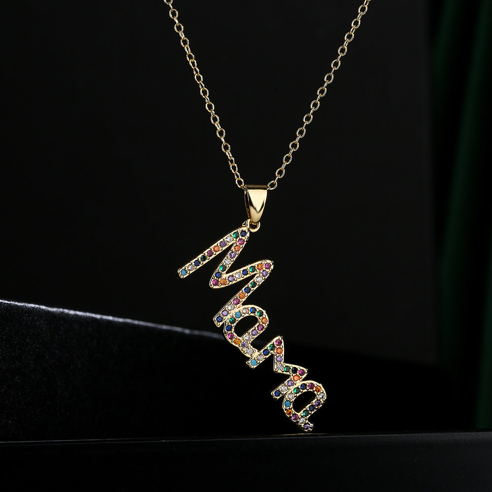 Geometric MAMA Pendant Necklace in Copper with Cubic Zirconia Inlay and 18K Gold Plating for Women
