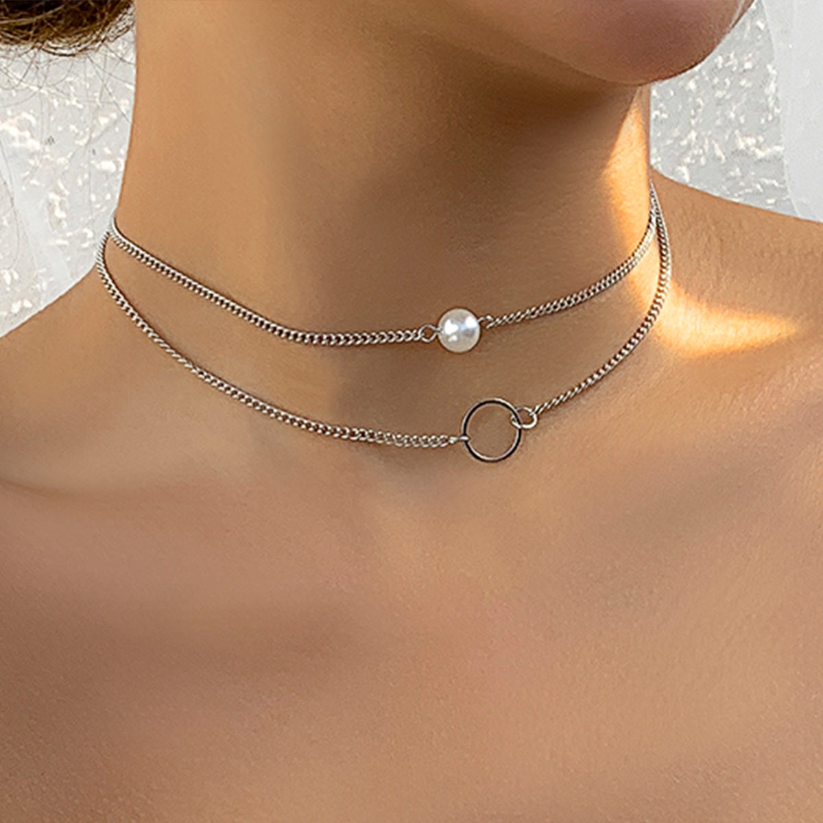 Sweet Geometric Resin Faux Pearl Snake Chain Necklace for Women