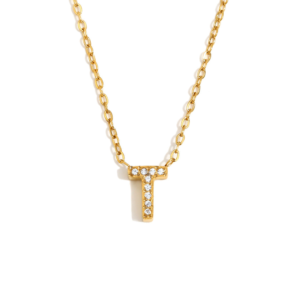 Minimalist Fashion Letter Pendant Necklace for Women Stainless Steel with 18K Gold Plating and Rhinestone Inlay