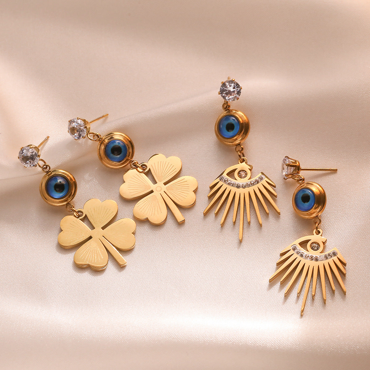 Minimalist Geometric Demon Eye Flower Earrings for Women in Titanium Steel with Zircon Accents