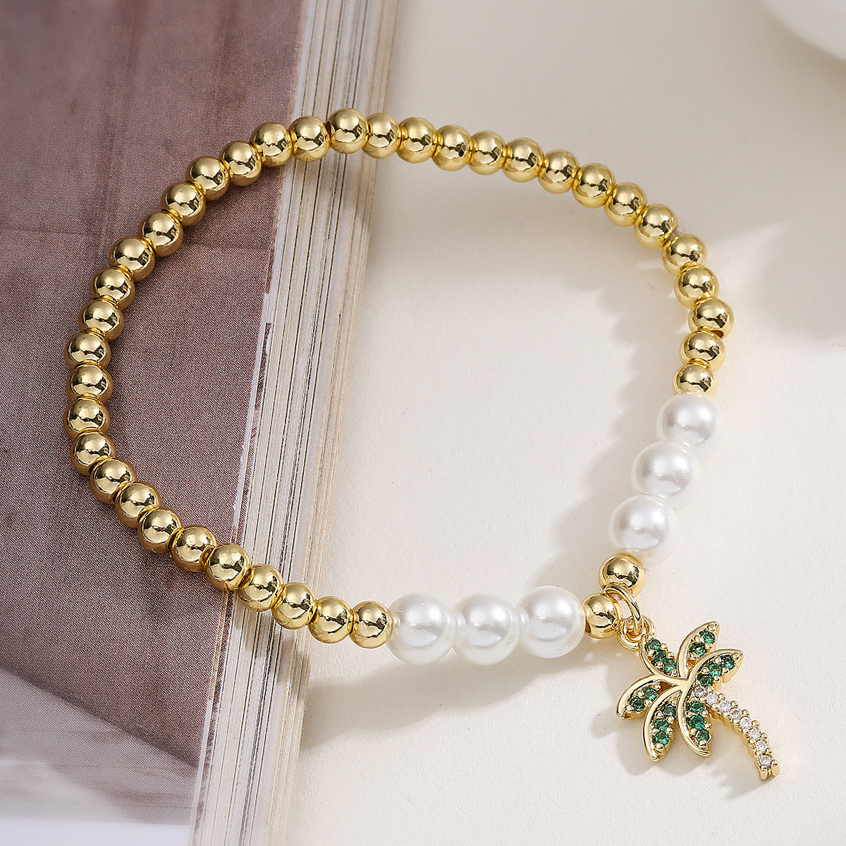 Fashion Beach Style Gold Plated Brass Geometric Turtle Tree Pendant Bracelet with Cubic Zirconia for Women