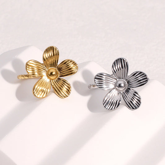 Minimalist French Style 18K Gold Plated Stainless Steel Floral Open Ring for Women