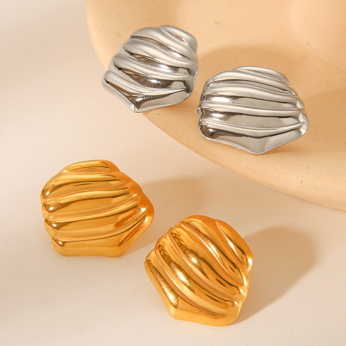 Minimalist Geometric Titanium Steel Stud Earrings with 18K Gold Plating and Rock Texture Finish for Women