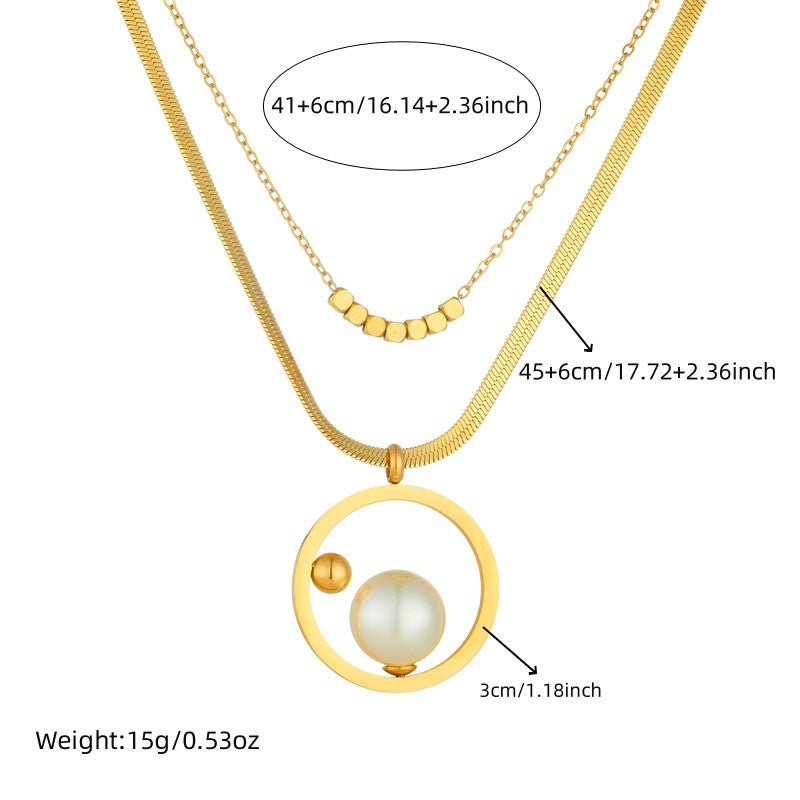 Elegant Round Plated Stainless Steel Pearl Bean Necklace Earring Ring Set with Snake Chain