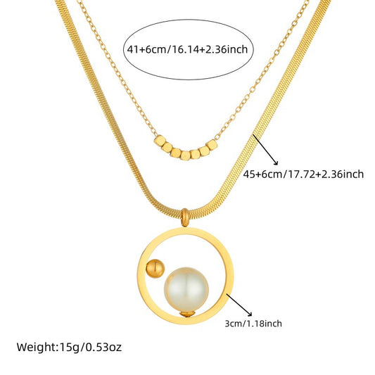 Elegant Round Plated Stainless Steel Pearl Bean Necklace Earring Ring Set with Snake Chain
