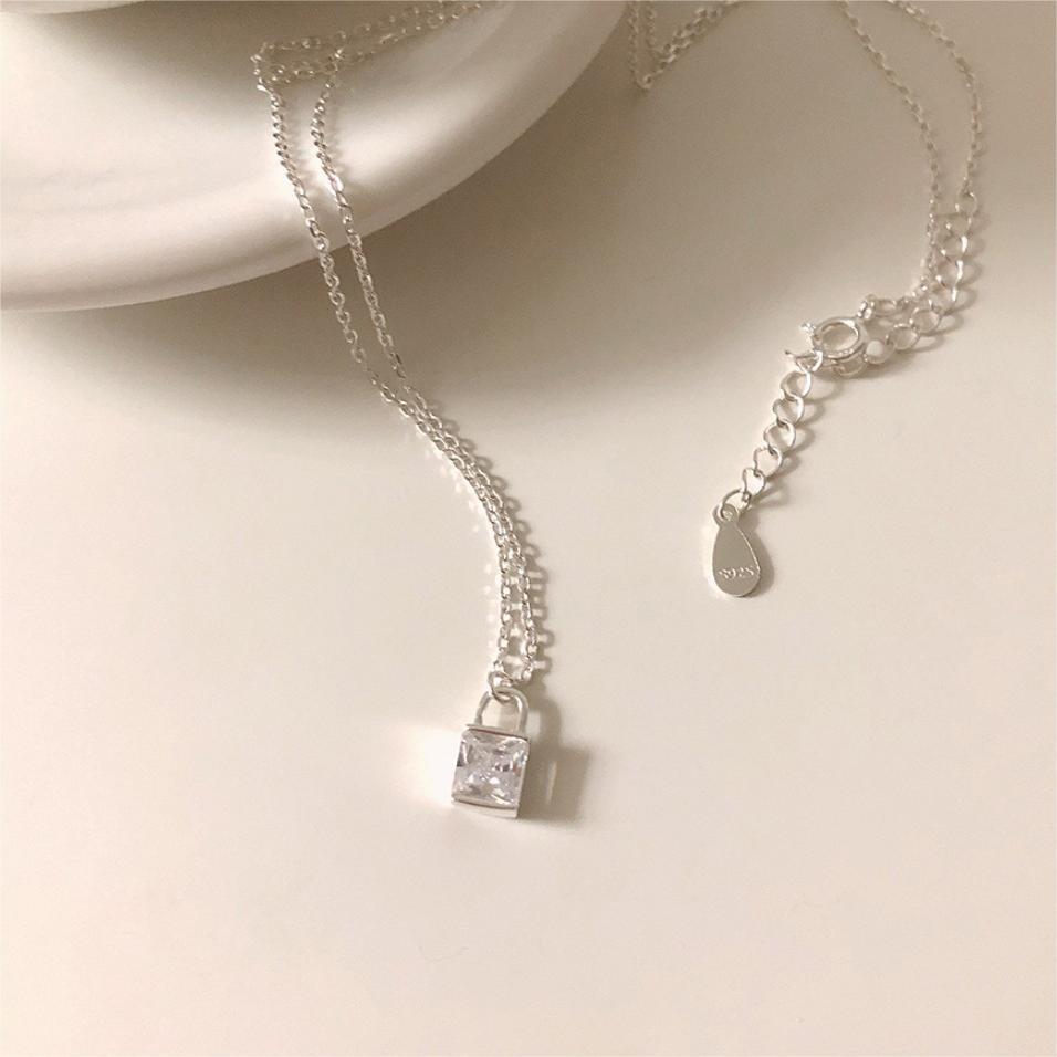 Minimalist Geometric Square Zircon Lock Pendant Necklace in 925 Sterling Silver with Plated Finish on Snake Chain