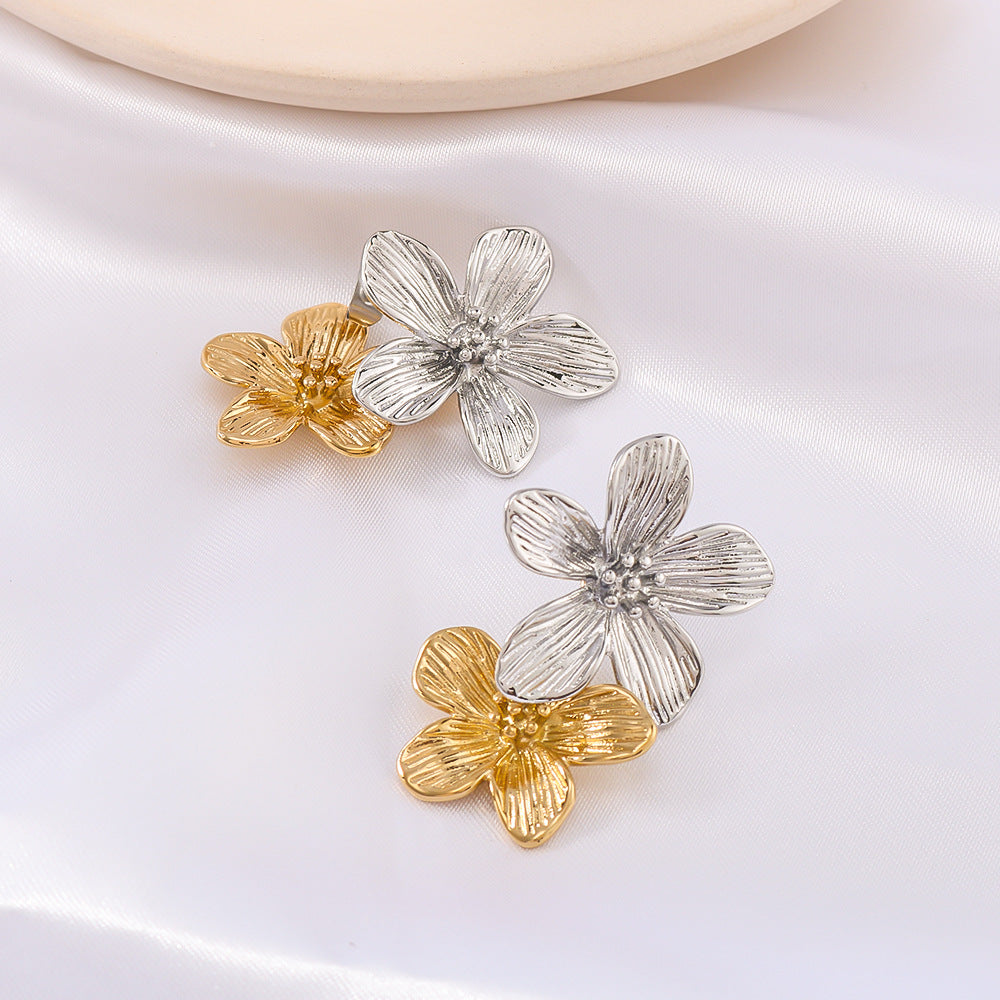 Vintage French Style Floral Stainless Steel Earrings with 18K Gold Plating and Premium Design