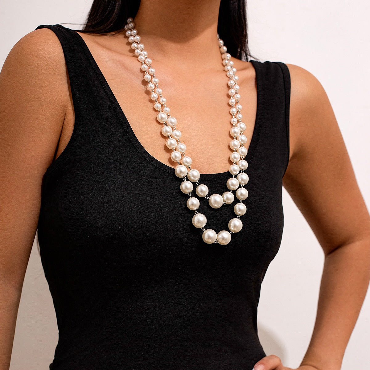 Elegant Multi-Layer Imitation Pearl Tassel Necklace Set with Geometric Round Beads for Women