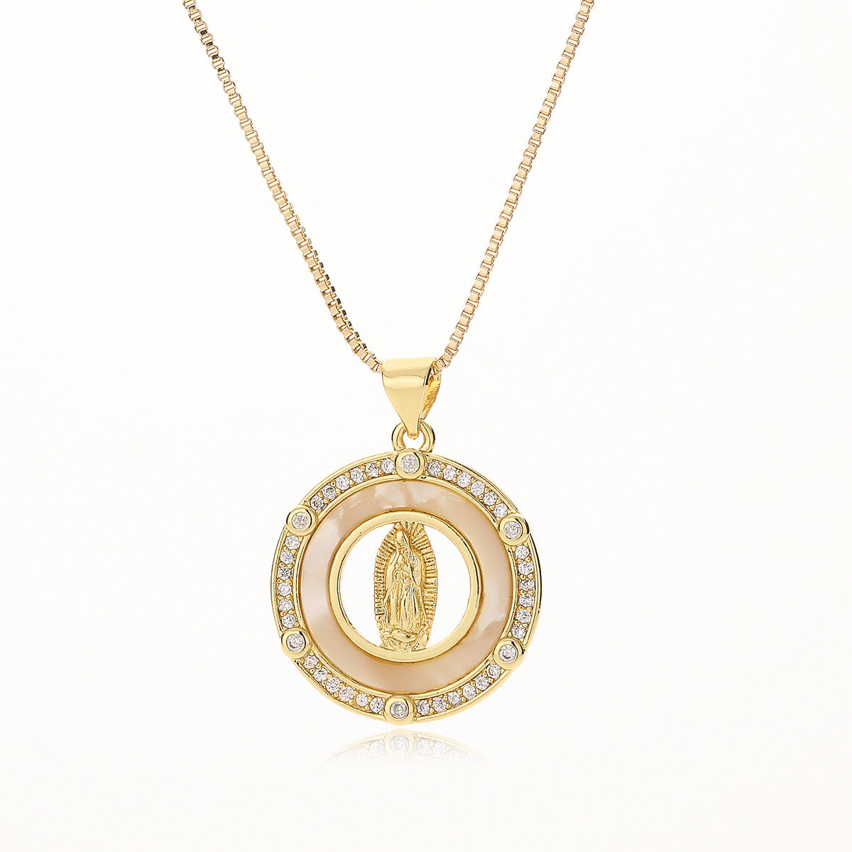 Minimalist Geometric Mother Mary Shell Pendant Necklace for Women with Copper Base and 18K Gold Plating, Zircon Inlay