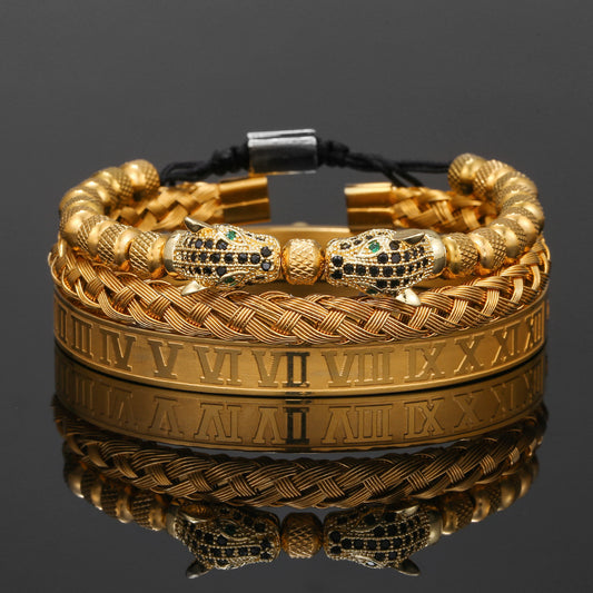 Vintage Brass Cubic Zirconia Leopard Head Woven Titanium Steel Bracelet Set for Men and Women