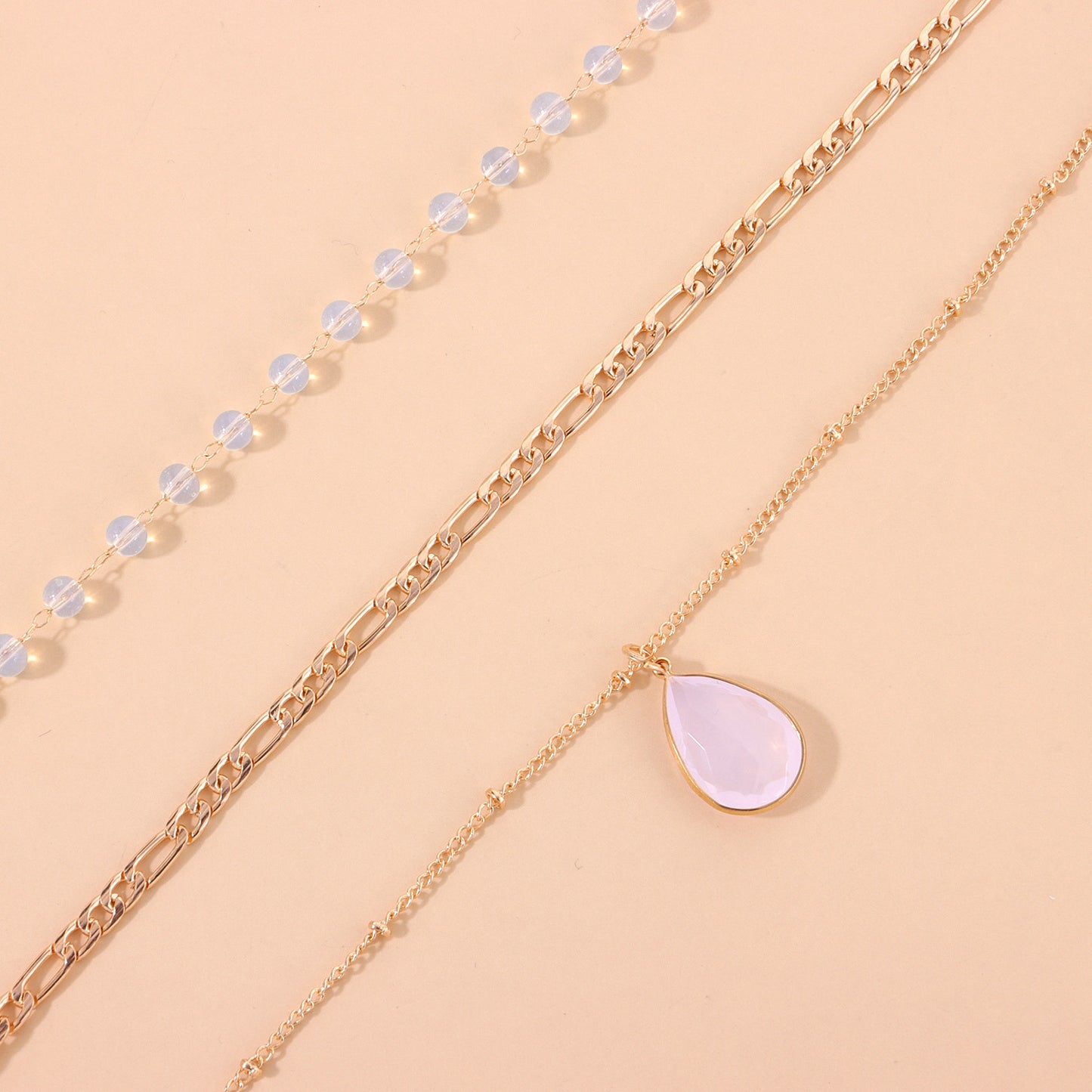 Geometric Mother-of-Pearl Pendant Necklace with Alloy Chain, Electroplated Finish, Adjustable Triple Strand Design