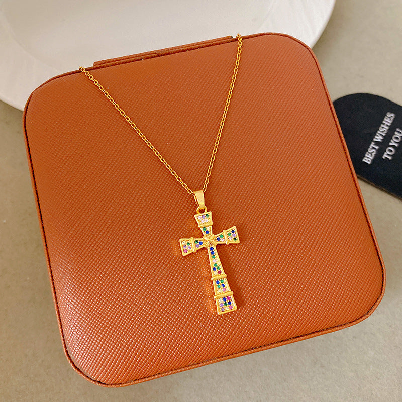 Sporty Sweet 18K Gold Plated Cross Titanium Steel Necklace with Cubic Zirconia for Women