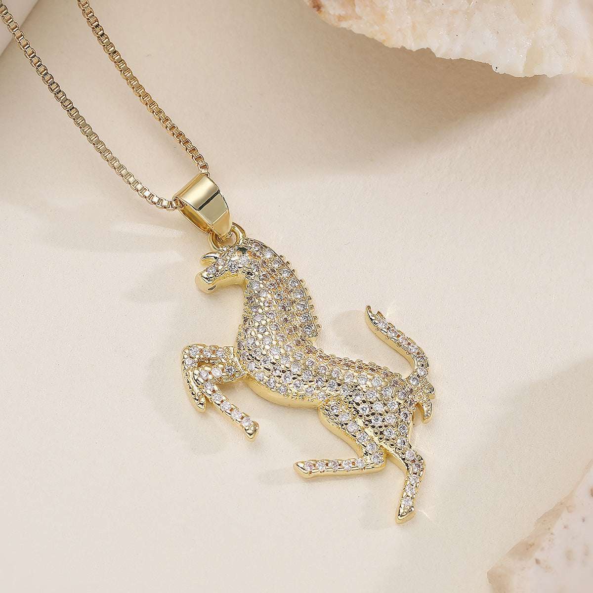 Minimalist Elegant Gold Plated Brass Horse Pendant Necklace with Cubic Zirconia for Women